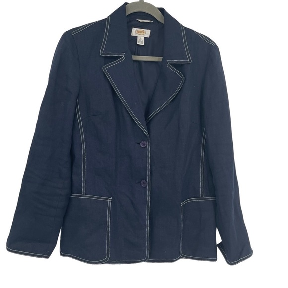 Talbots Jacket Womens Size 6 Navy Blue Linen Blazer Two Button White Stitch - Picture 1 of 7